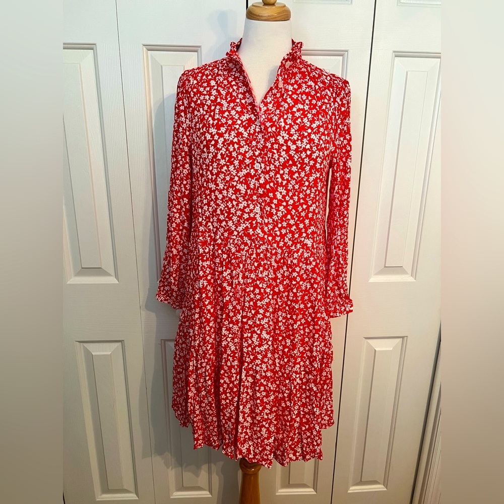 NWT J.CREW Tiered Dress Red Ditsy Floral Long Sleeve
 A-Line Size Small